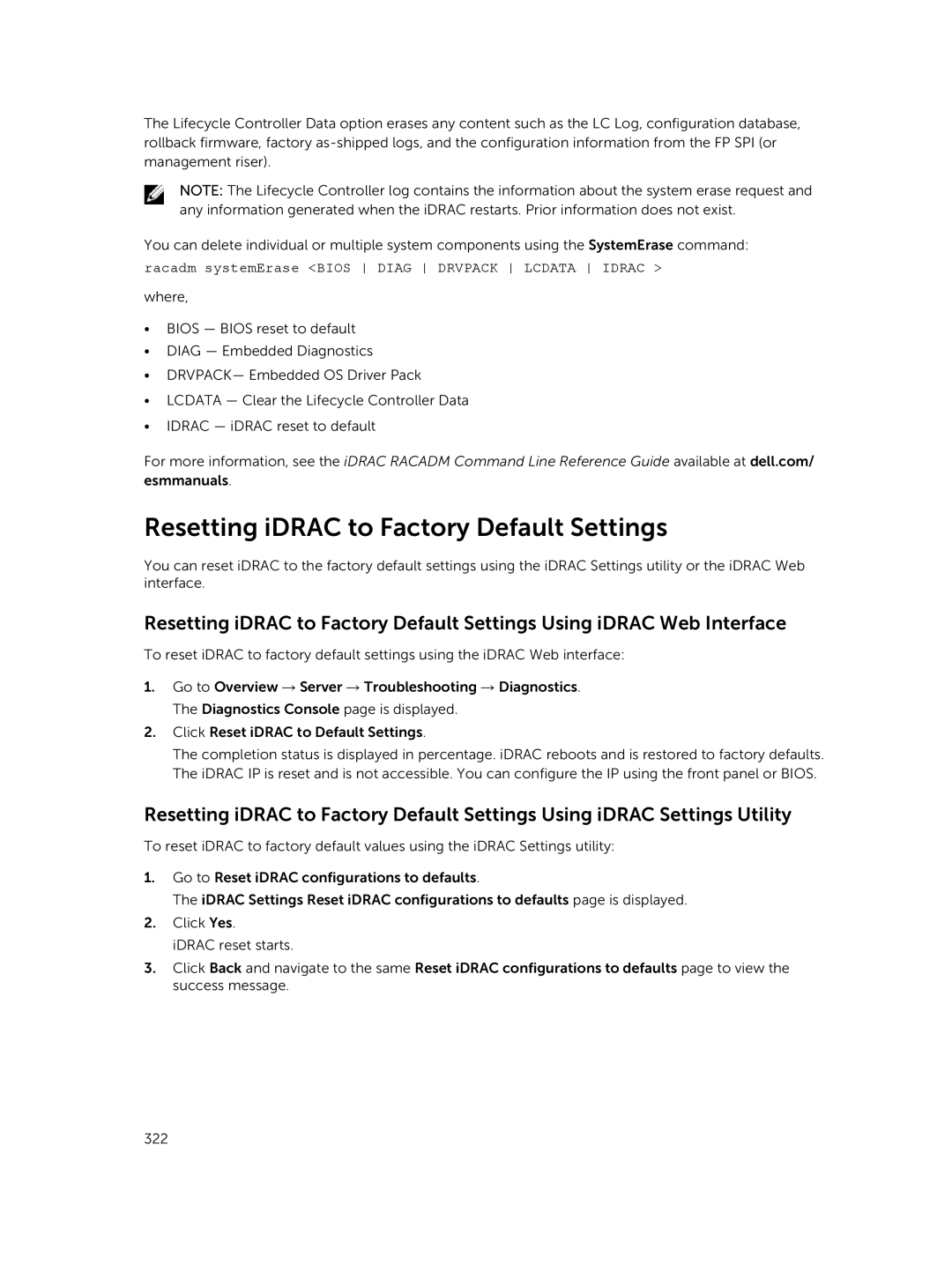 Dell iDRAC8 manual Resetting iDRAC to Factory Default Settings, Racadm systemErase Bios Diag Drvpack Lcdata Idrac 