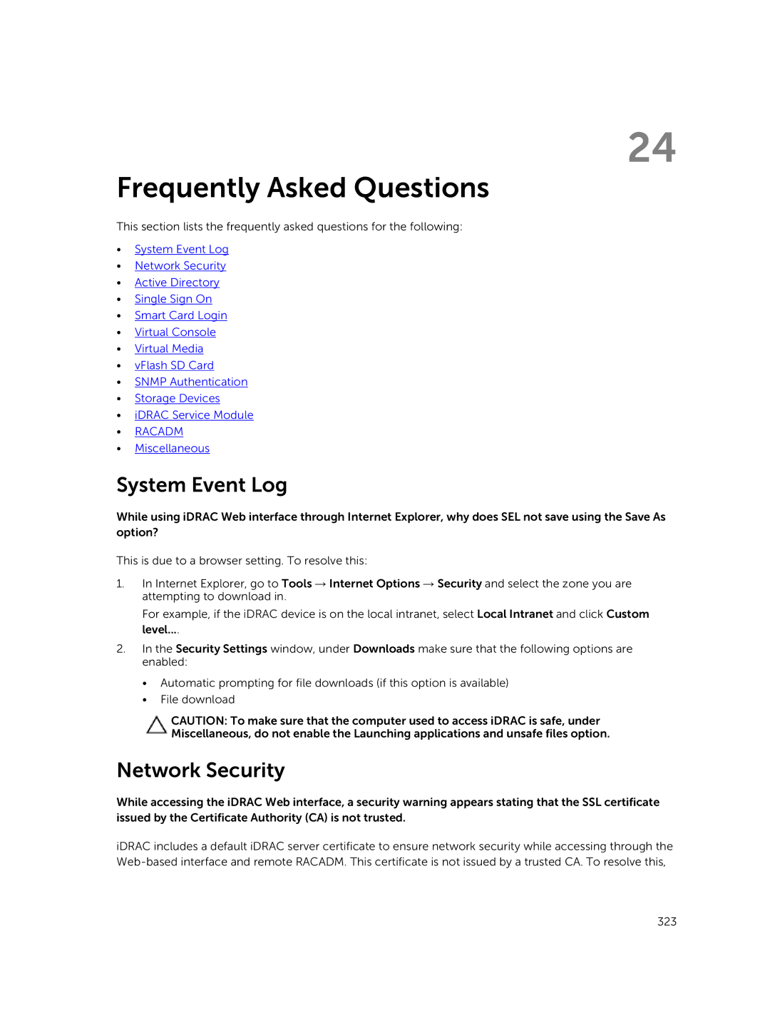 Dell iDRAC8 manual Frequently Asked Questions, System Event Log, Network Security 