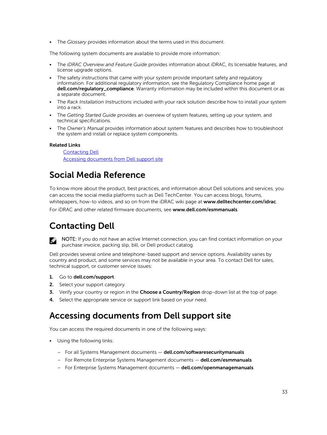 Dell iDRAC8 manual Social Media Reference Contacting Dell, Accessing documents from Dell support site 