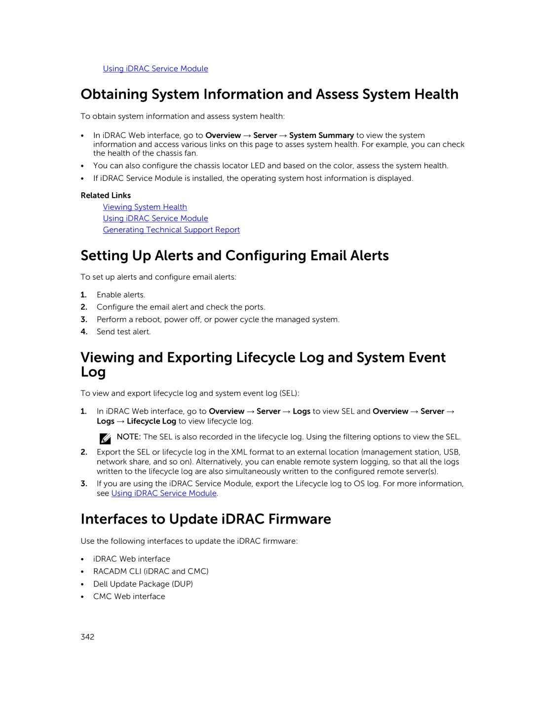 Dell iDRAC8 manual Obtaining System Information and Assess System Health, Setting Up Alerts and Configuring Email Alerts 