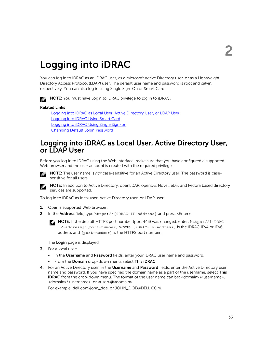 Dell iDRAC8 manual Logging into iDRAC 