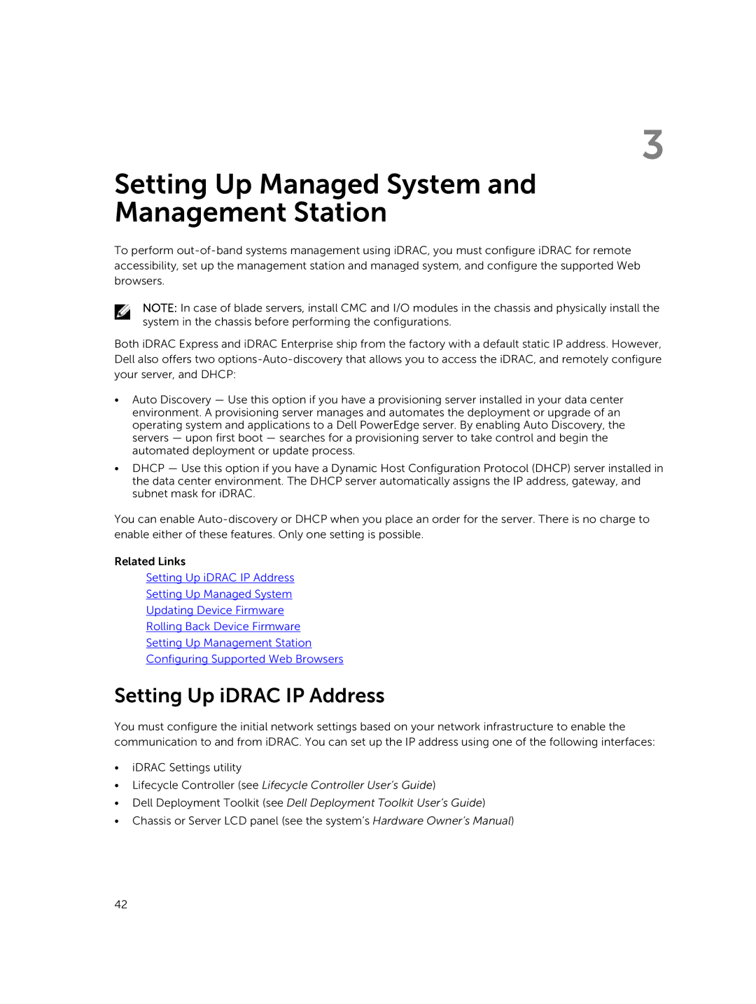 Dell iDRAC8 manual Setting Up Managed System and Management Station, Setting Up iDRAC IP Address 