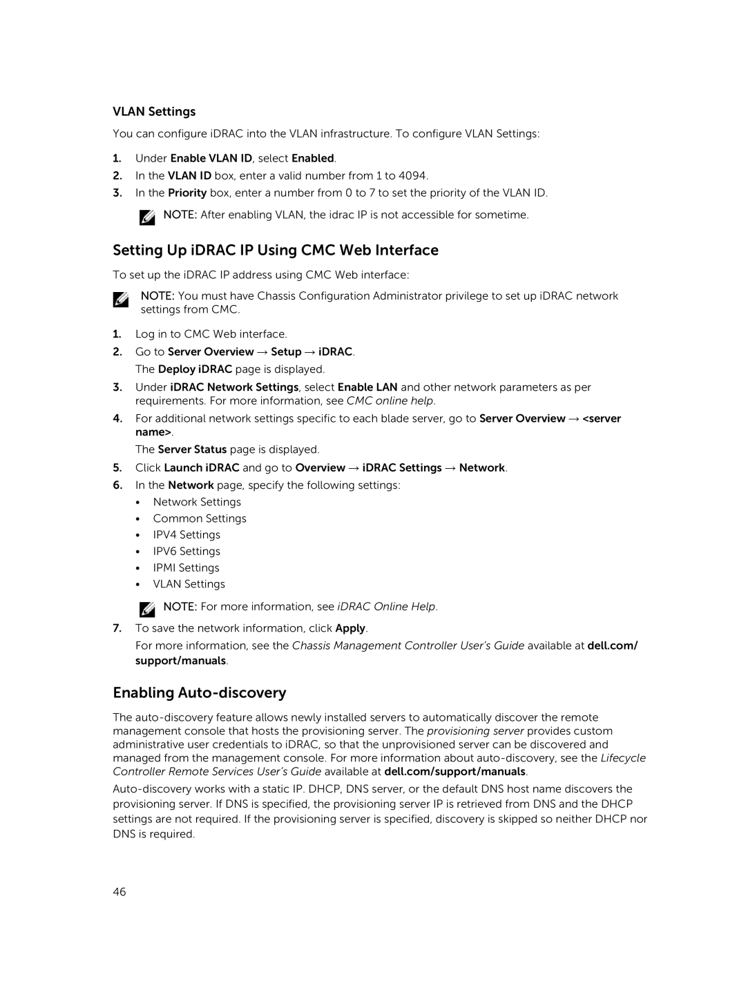 Dell iDRAC8 manual Setting Up iDRAC IP Using CMC Web Interface, Enabling Auto-discovery, Vlan Settings 