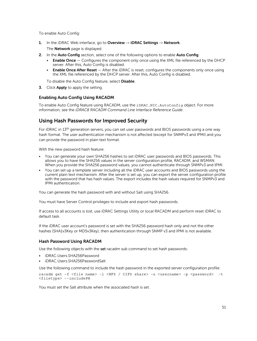 Dell iDRAC8 Using Hash Passwords for Improved Security, Enabling Auto Config Using Racadm, Hash Password Using Racadm 