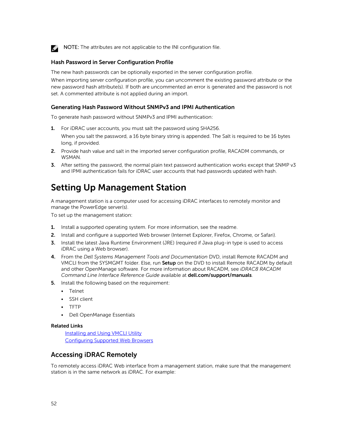 Dell iDRAC8 manual Setting Up Management Station, Accessing iDRAC Remotely, Hash Password in Server Configuration Profile 