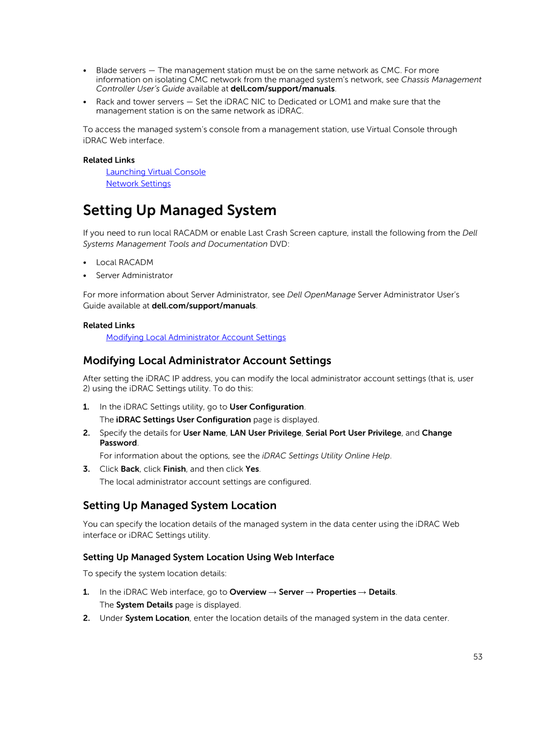 Dell iDRAC8 manual Modifying Local Administrator Account Settings, Setting Up Managed System Location 