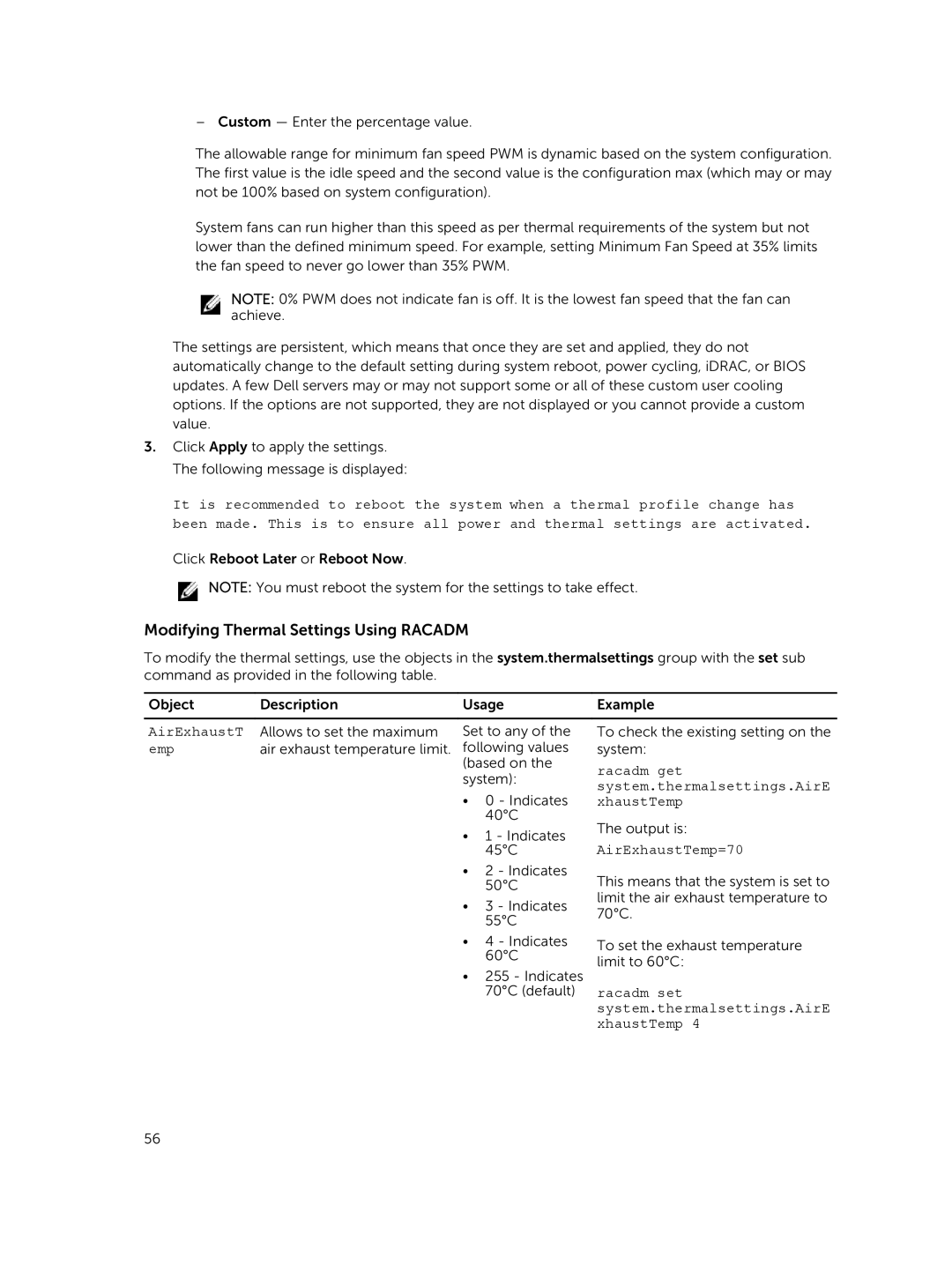 Dell iDRAC8 manual Modifying Thermal Settings Using Racadm 