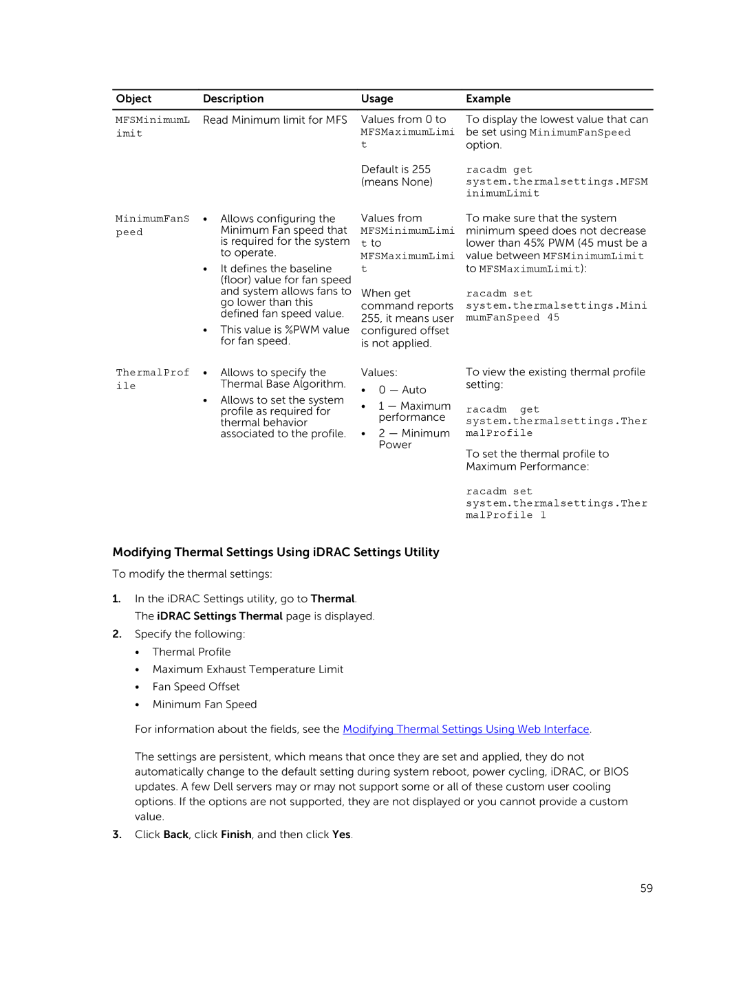 Dell iDRAC8 manual Modifying Thermal Settings Using iDRAC Settings Utility 