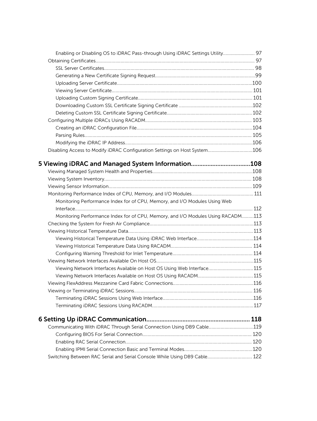 Dell iDRAC8 manual Viewing iDRAC and Managed System Information 108, Setting Up iDRAC Communication 118 