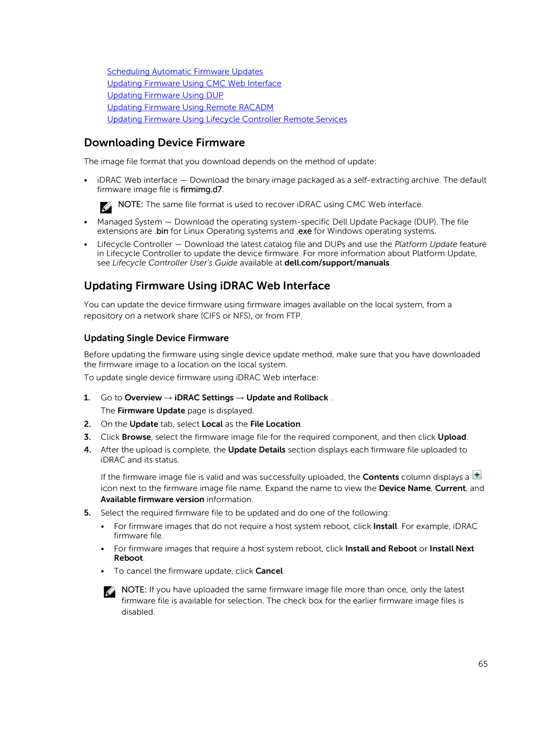 Dell iDRAC8 Downloading Device Firmware, Updating Firmware Using iDRAC Web Interface, Updating Single Device Firmware 