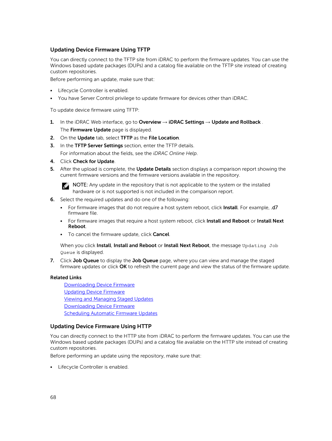 Dell iDRAC8 manual Updating Device Firmware Using Tftp, Updating Device Firmware Using Http 