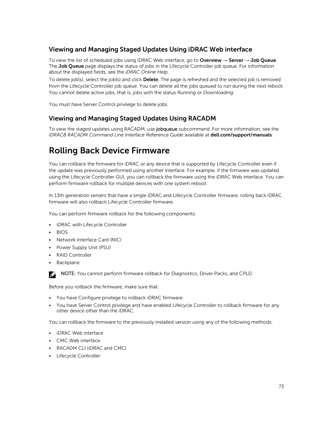 Dell iDRAC8 manual Rolling Back Device Firmware, Viewing and Managing Staged Updates Using Racadm 