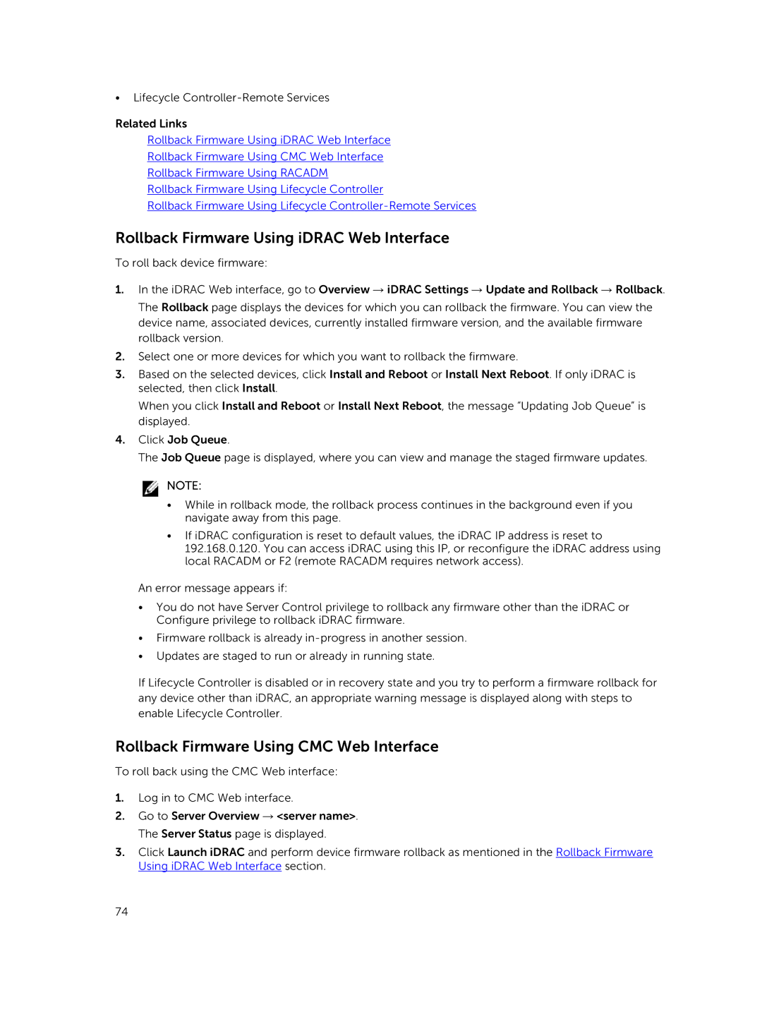 Dell iDRAC8 manual Rollback Firmware Using iDRAC Web Interface, Rollback Firmware Using CMC Web Interface 