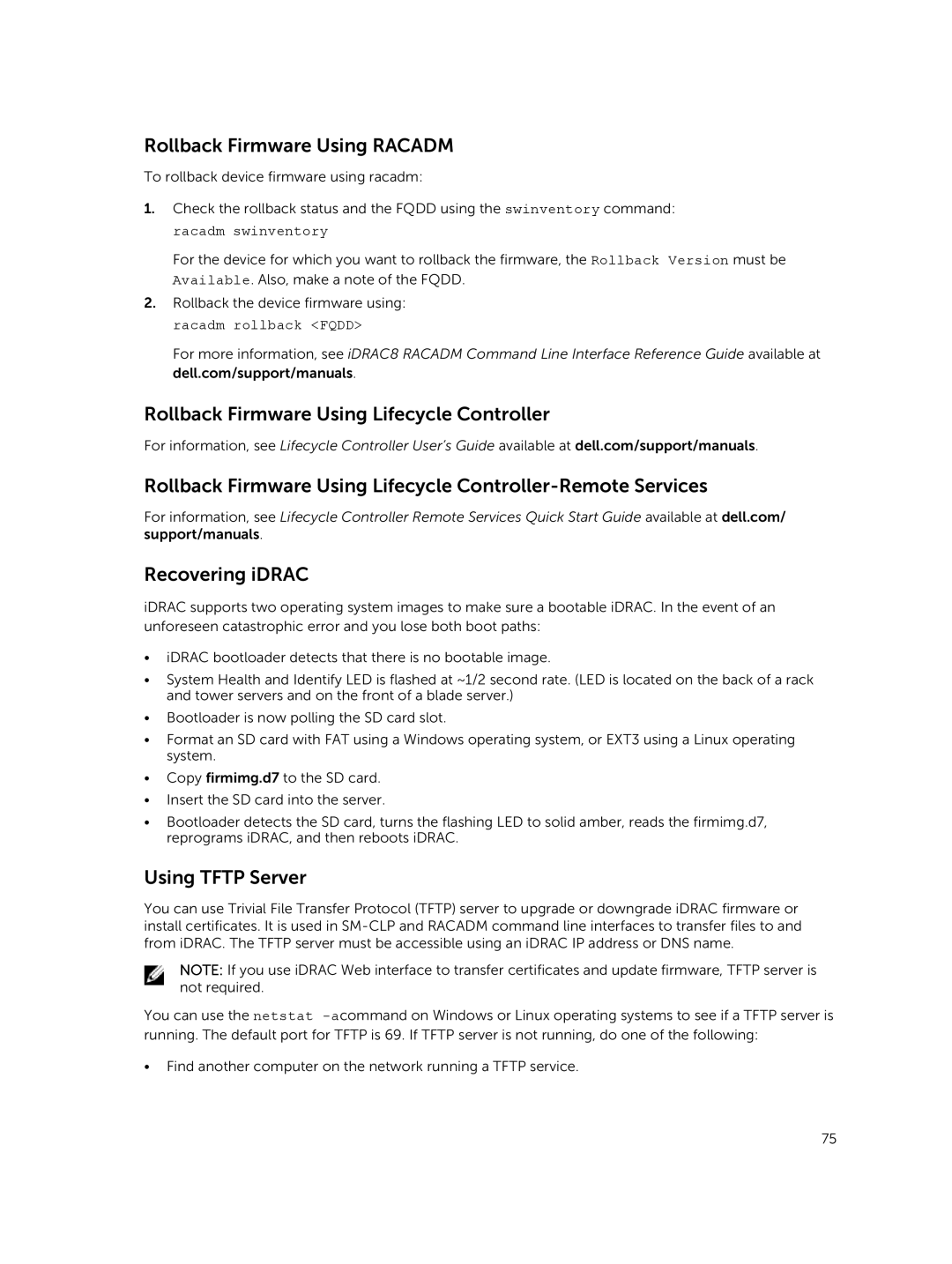 Dell iDRAC8 manual Rollback Firmware Using Racadm, Using Tftp Server 