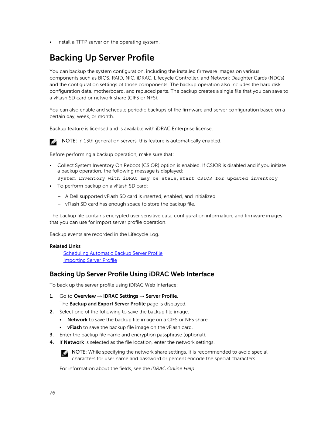 Dell iDRAC8 manual Backing Up Server Profile Using iDRAC Web Interface 