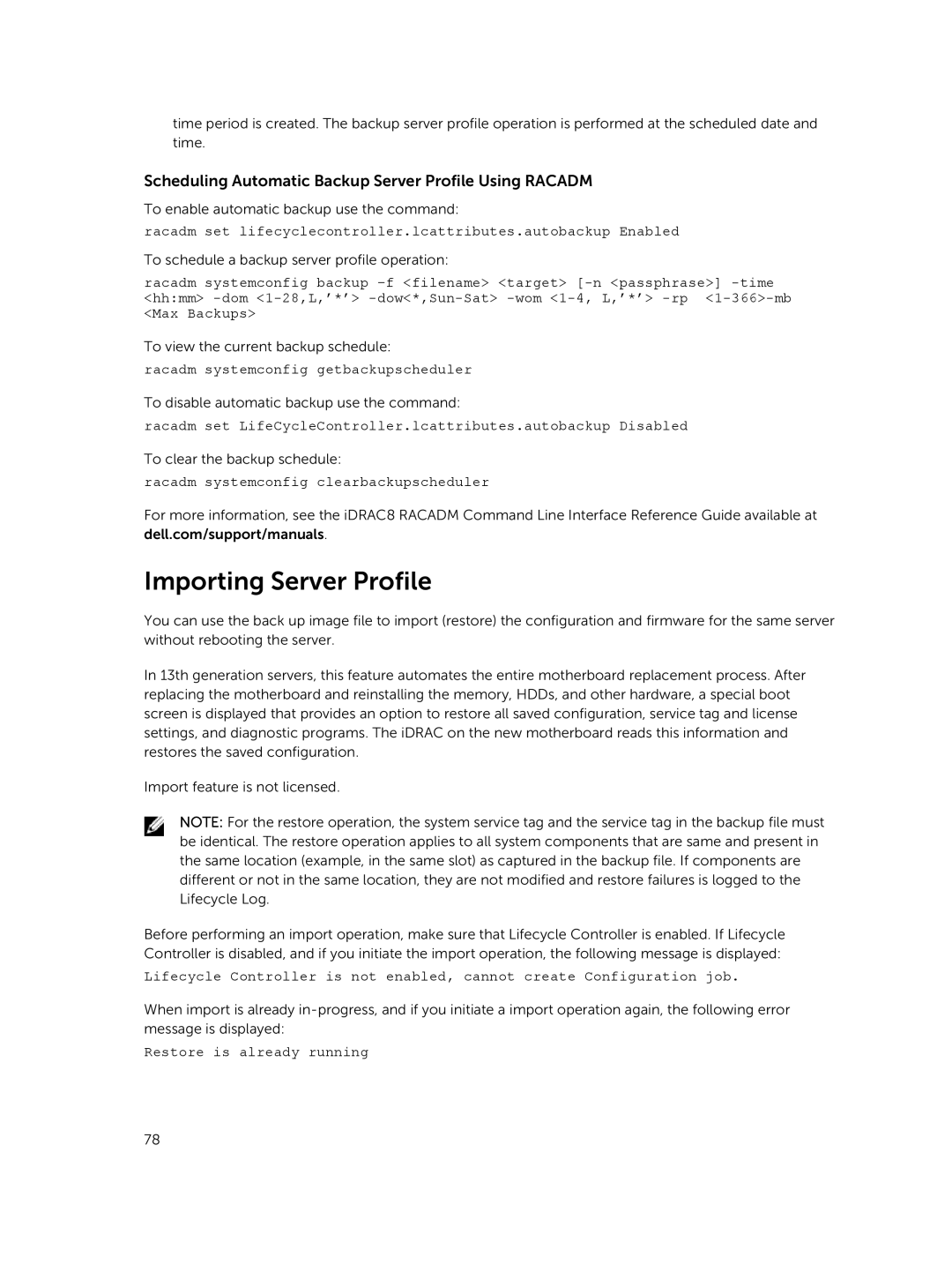 Dell iDRAC8 Importing Server Profile, Scheduling Automatic Backup Server Profile Using Racadm, Restore is already running 