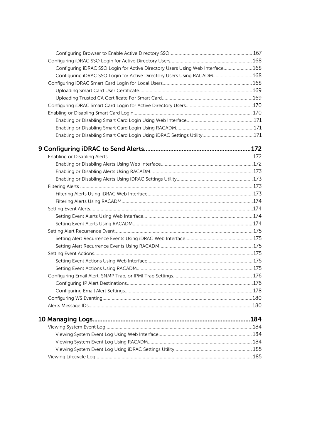 Dell iDRAC8 manual Configuring iDRAC to Send Alerts 172, Managing Logs 184 