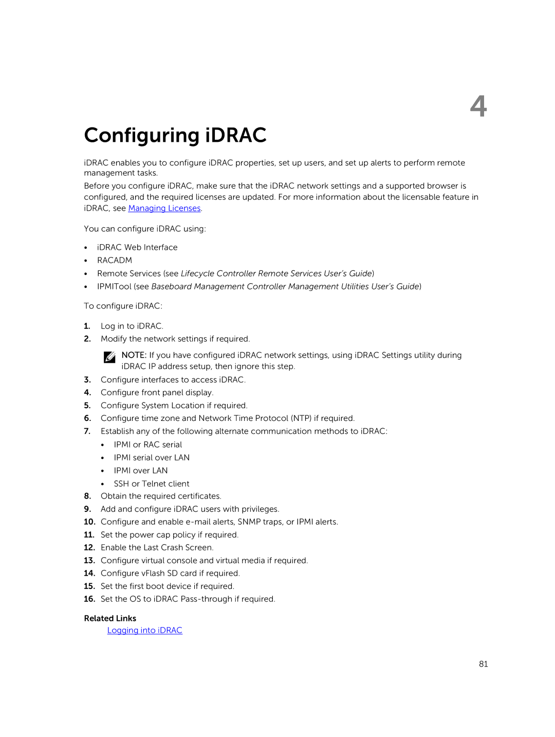 Dell iDRAC8 manual Configuring iDRAC 