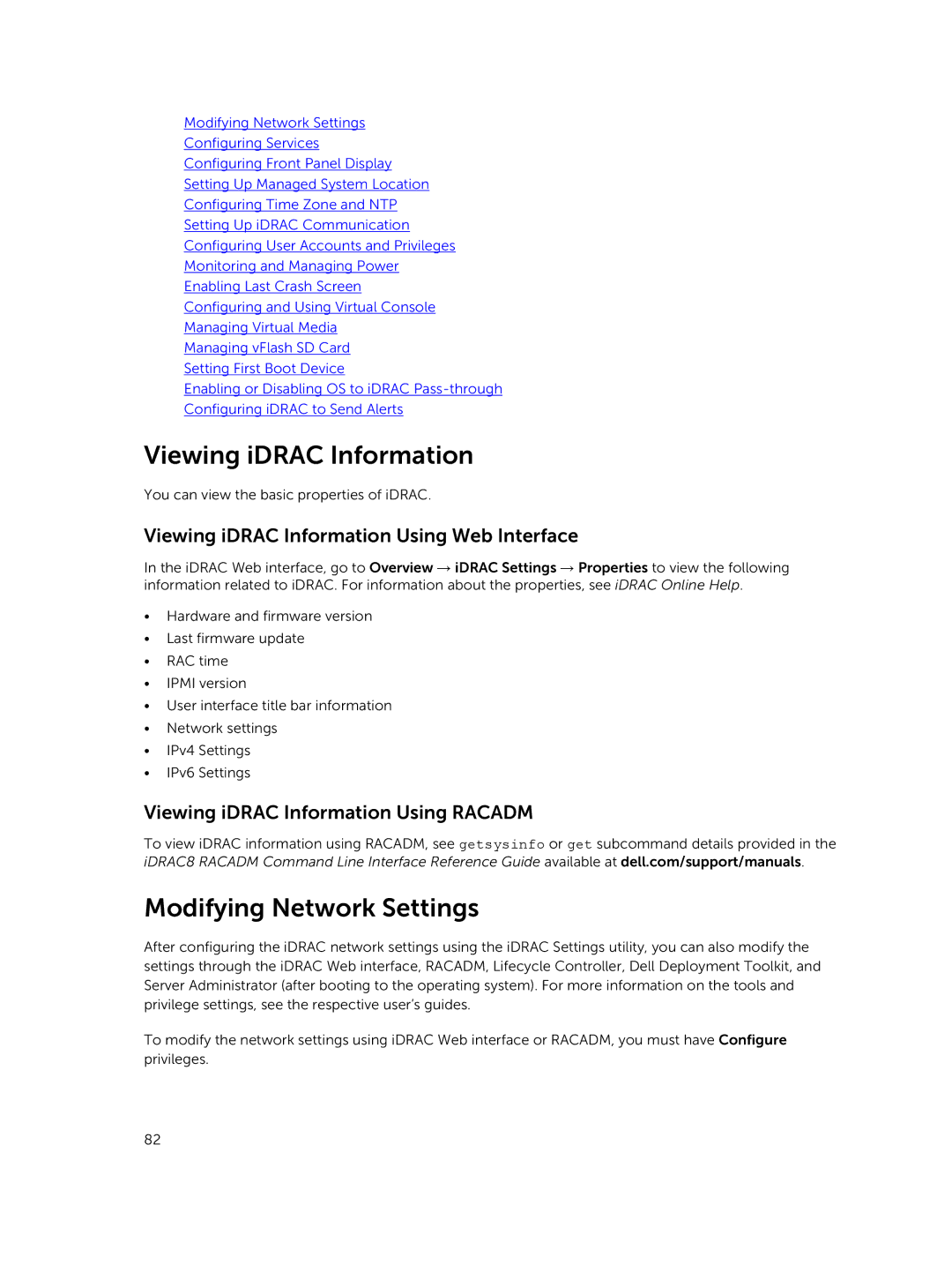 Dell iDRAC8 manual Modifying Network Settings, Viewing iDRAC Information Using Web Interface 