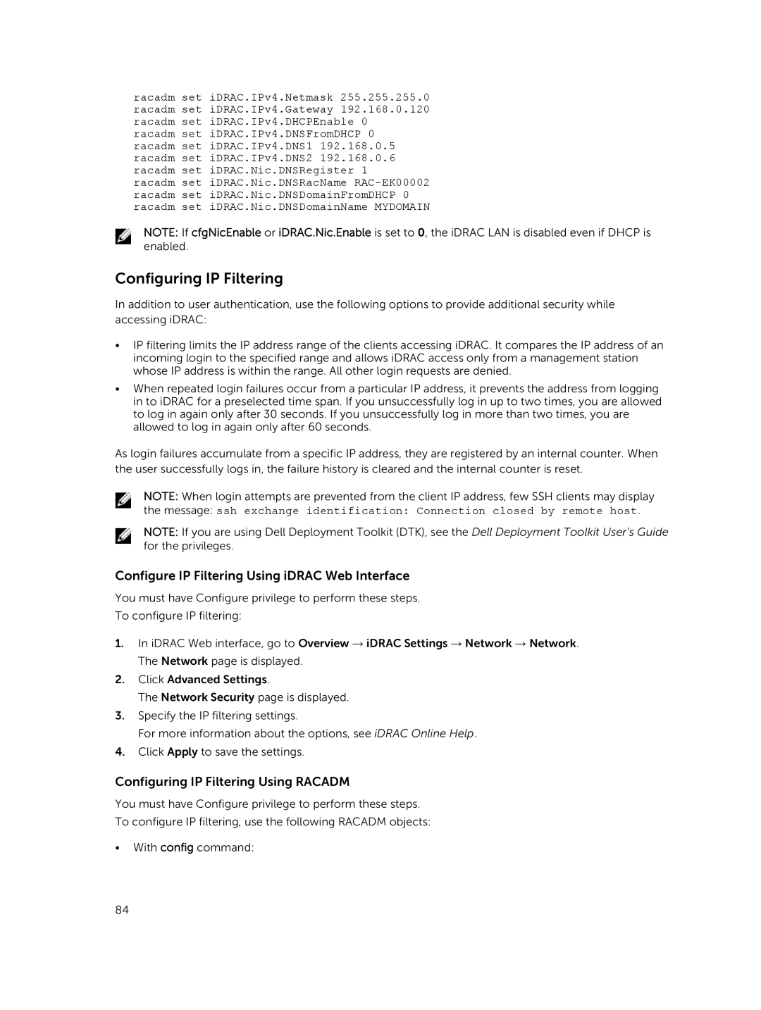 Dell iDRAC8 manual Configuring IP Filtering, Configure IP Filtering Using iDRAC Web Interface 