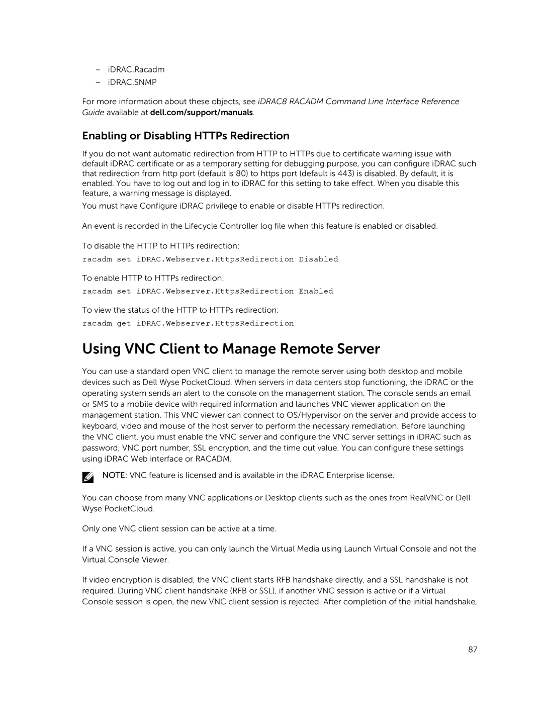 Dell iDRAC8 manual Using VNC Client to Manage Remote Server, Enabling or Disabling HTTPs Redirection 