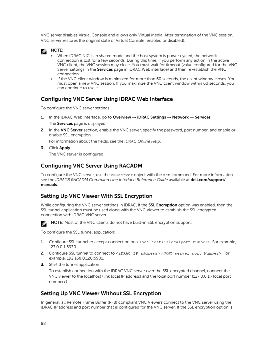 Dell iDRAC8 manual Configuring VNC Server Using iDRAC Web Interface, Configuring VNC Server Using Racadm 