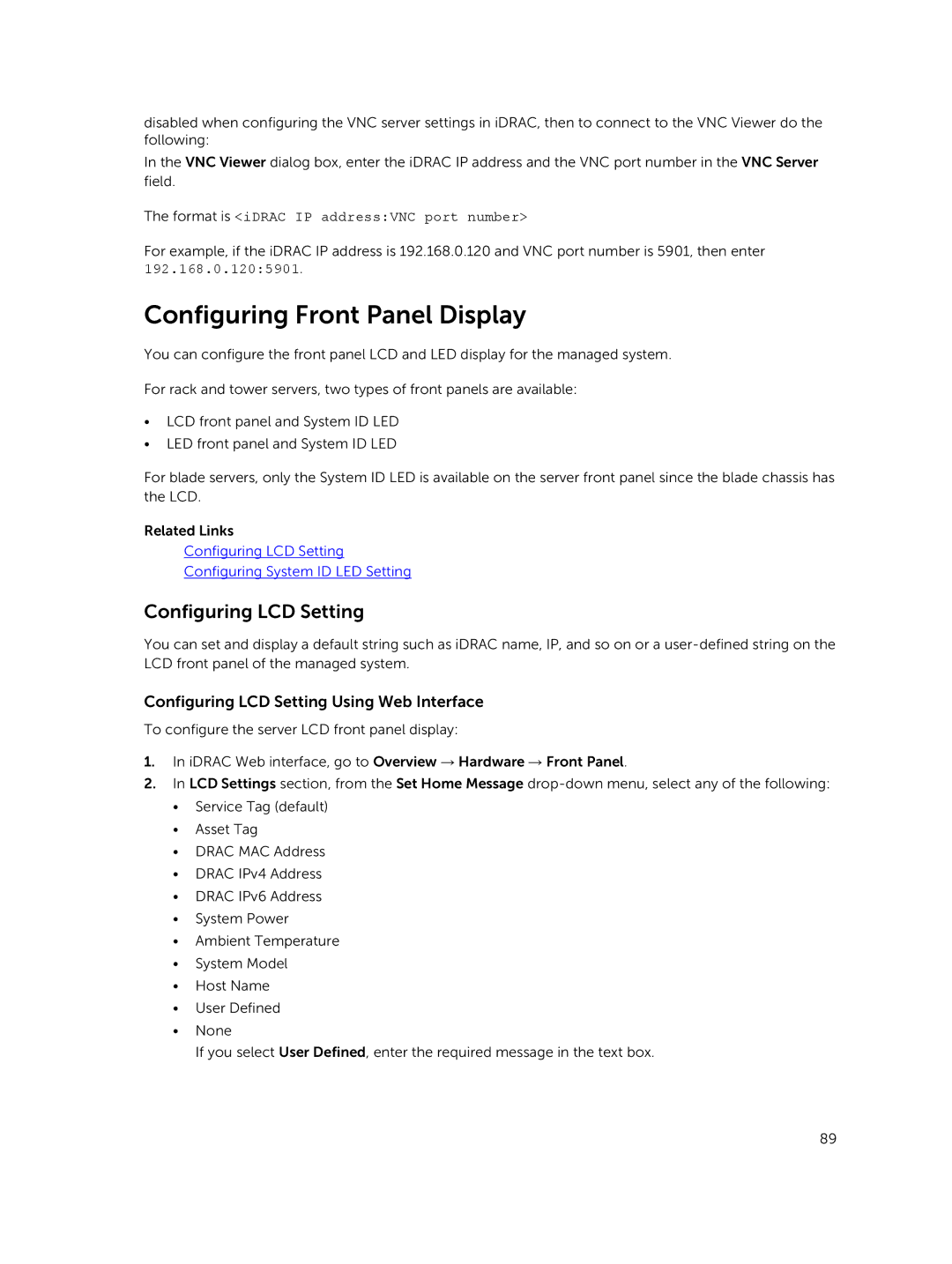 Dell iDRAC8 manual Configuring Front Panel Display, Configuring LCD Setting Using Web Interface 