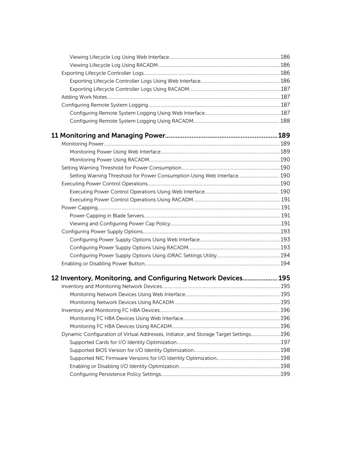 Dell iDRAC8 manual Monitoring and Managing Power 189, Inventory, Monitoring, and Configuring Network Devices 195 