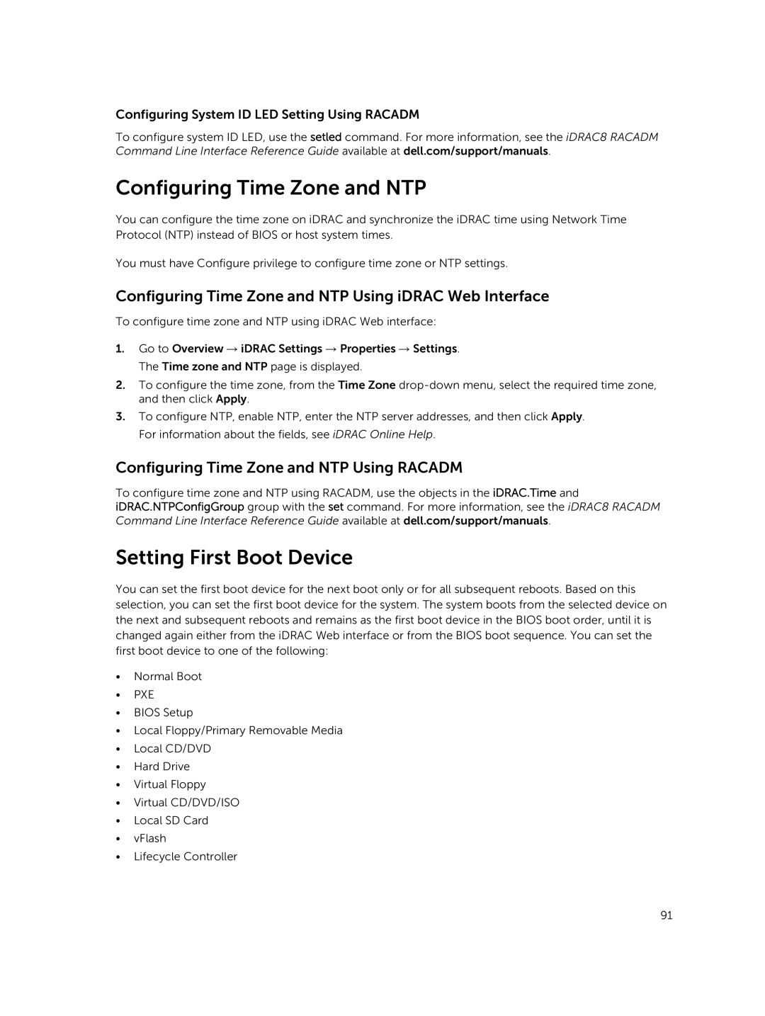 Dell iDRAC8 manual Setting First Boot Device, Configuring Time Zone and NTP Using Racadm 