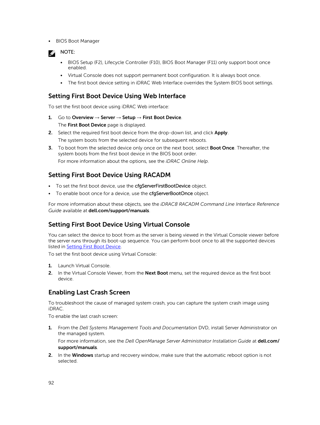 Dell iDRAC8 manual Setting First Boot Device Using Web Interface, Setting First Boot Device Using Racadm 