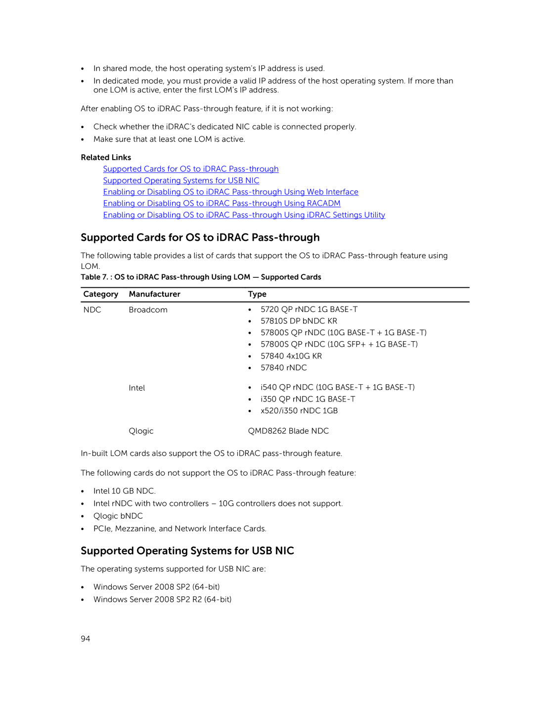 Dell iDRAC8 manual Supported Cards for OS to iDRAC Pass-through, Supported Operating Systems for USB NIC 