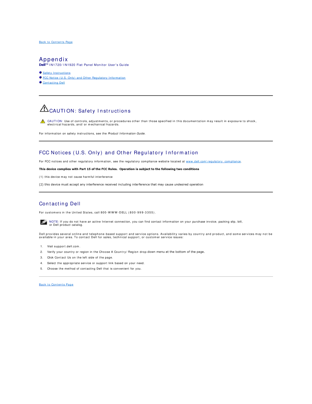 Dell IN1720, IN1920 appendix Appendix, FCC Notices U.S. Only and Other Regulatory Information, Contacting Dell 