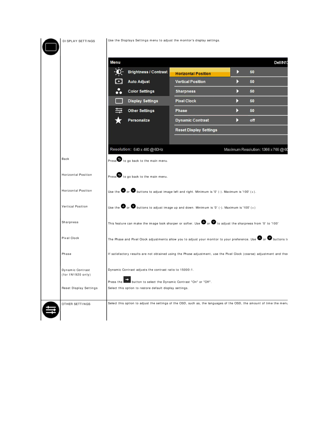 Dell IN1720, IN1920 appendix Display Settings 