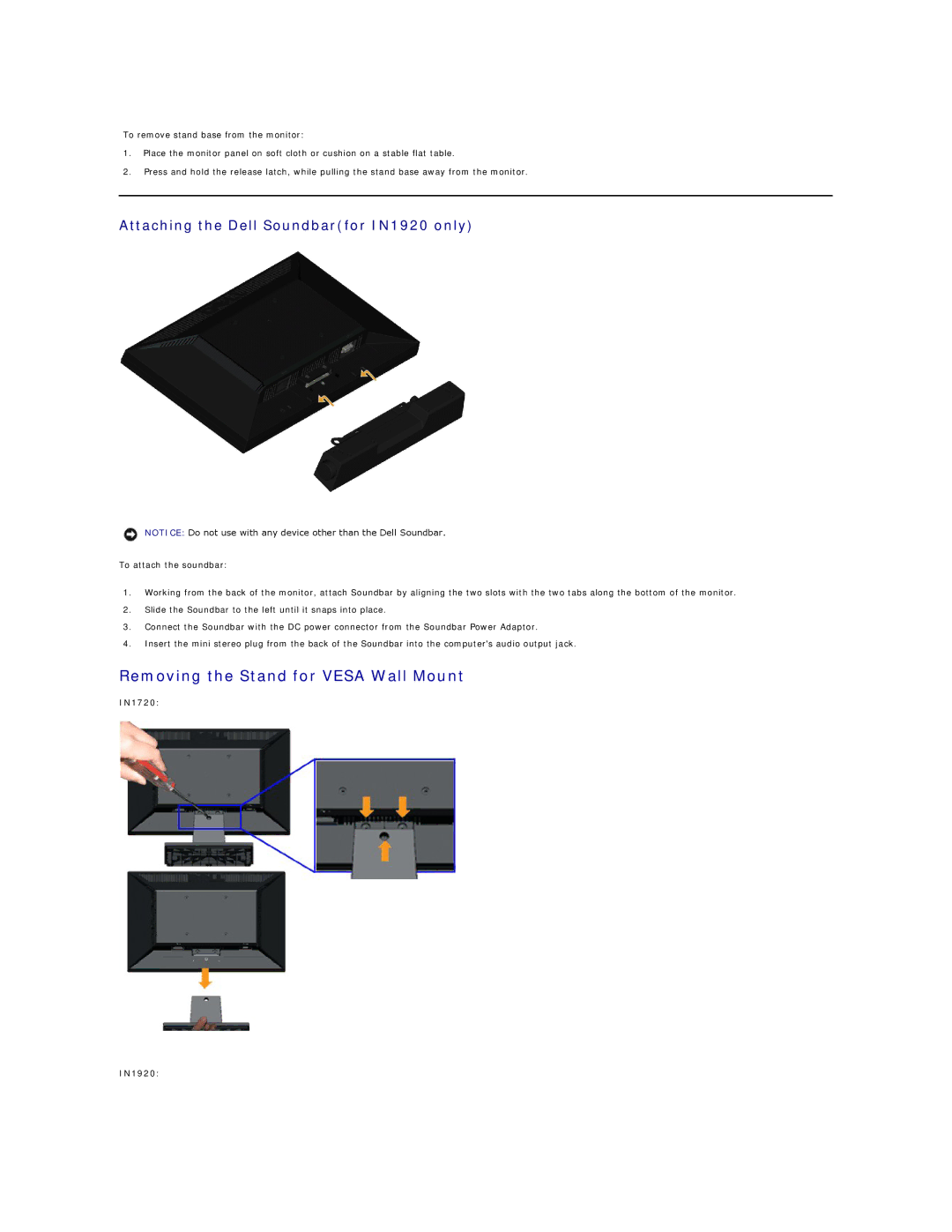 Dell IN1720 appendix Removing the Stand for Vesa Wall Mount, Attaching the Dell Soundbarfor IN1920 only 