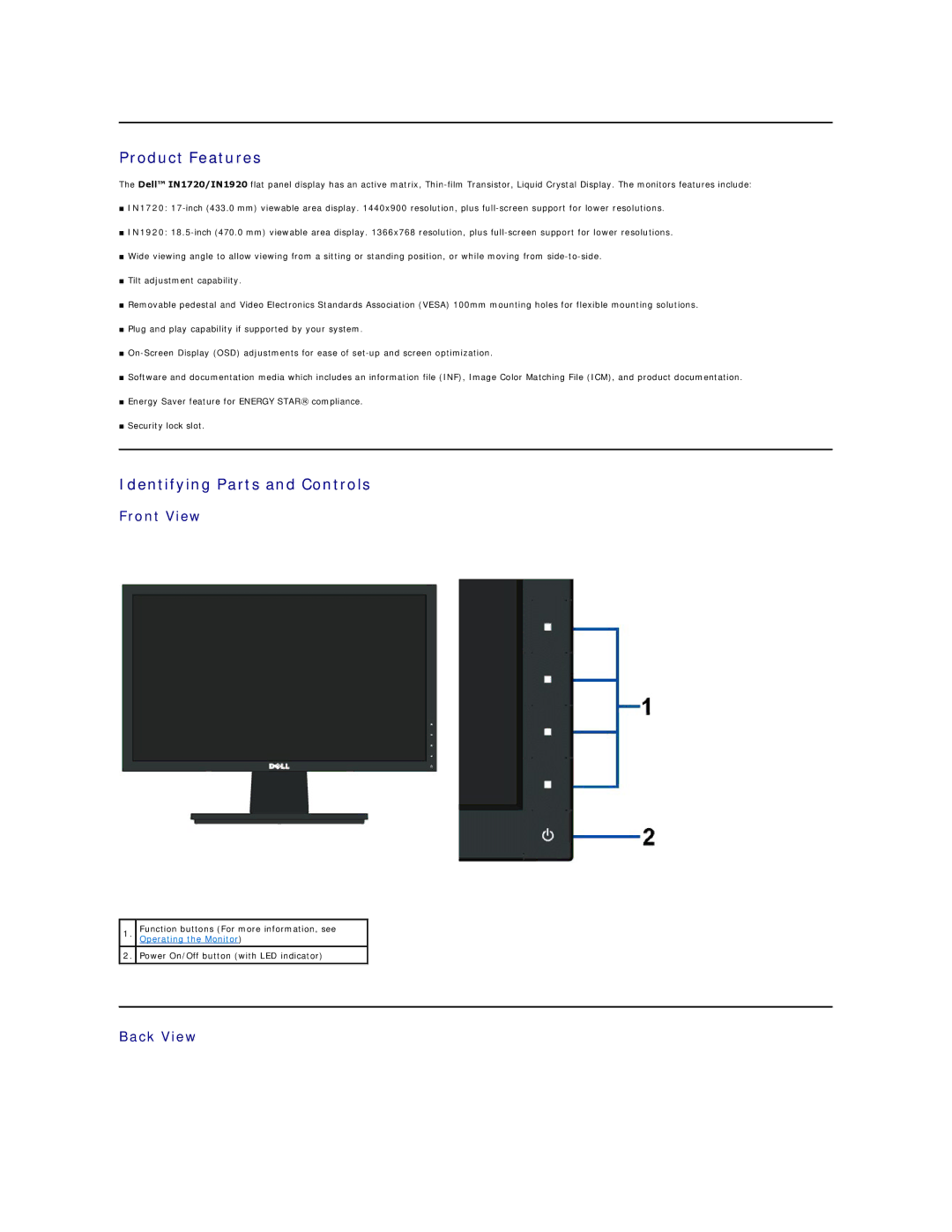 Dell IN1920, IN1720 appendix Product Features, Identifying Parts and Controls, Front View, Back View 