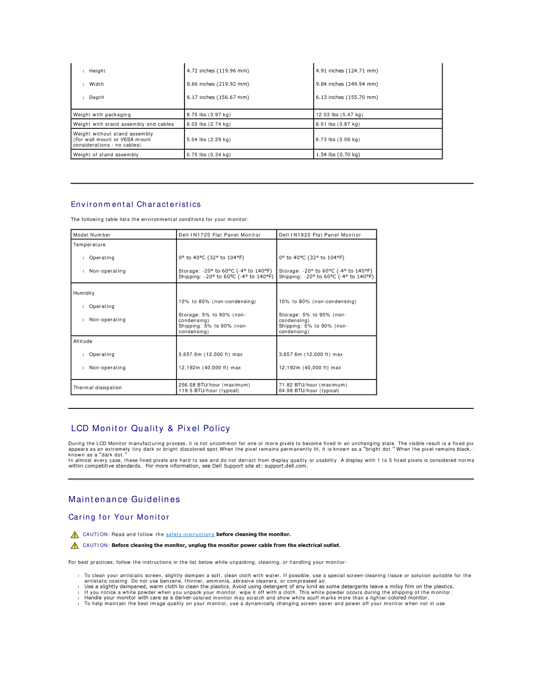 Dell IN1720, IN1920 appendix LCD Monitor Quality & Pixel Policy, Maintenance Guidelines, Environmental Characteristics 