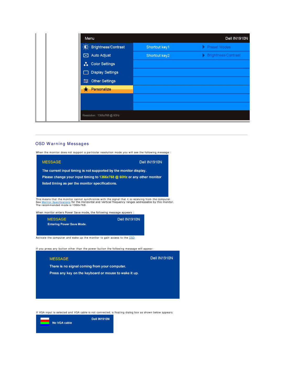 Dell IN1910NB, IN1910NF appendix OSD Warning Messages 