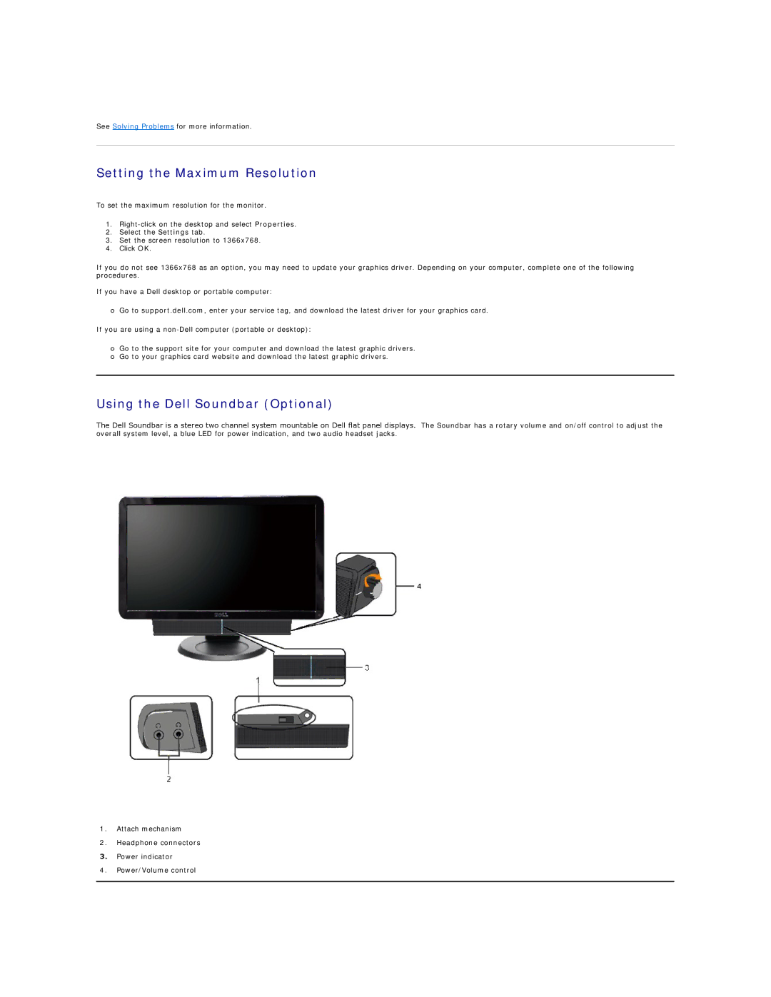 Dell IN1910NF, IN1910NB appendix Setting the Maximum Resolution, Using the Dell Soundbar Optional 