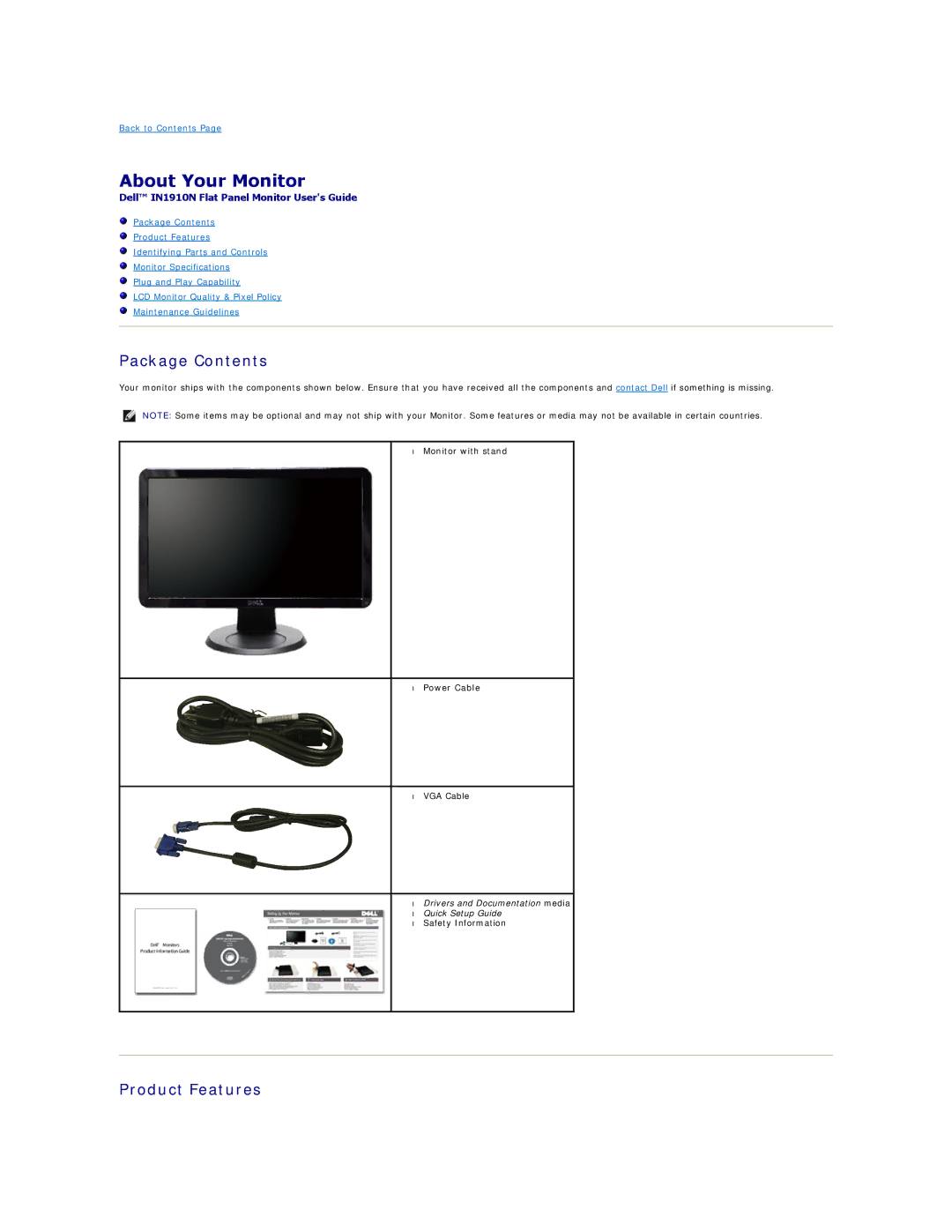 Dell IN1910NB, IN1910NF appendix About Your Monitor, Package Contents, Product Features 