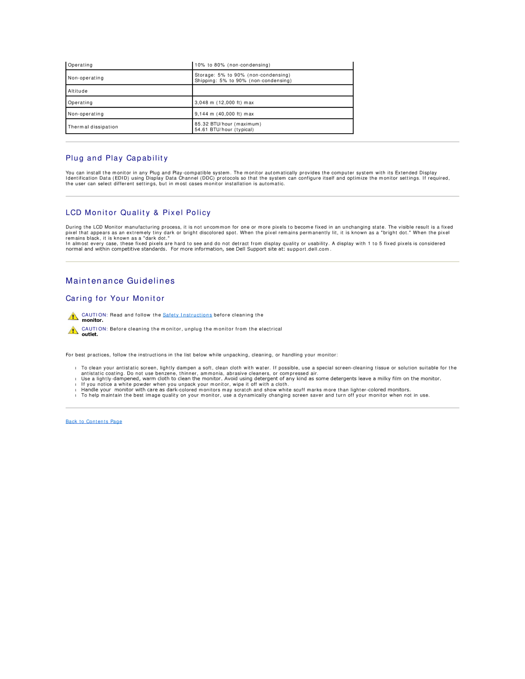 Dell IN1910N Maintenance Guidelines, Plug and Play Capability, LCD Monitor Quality & Pixel Policy, Caring for Your Monitor 