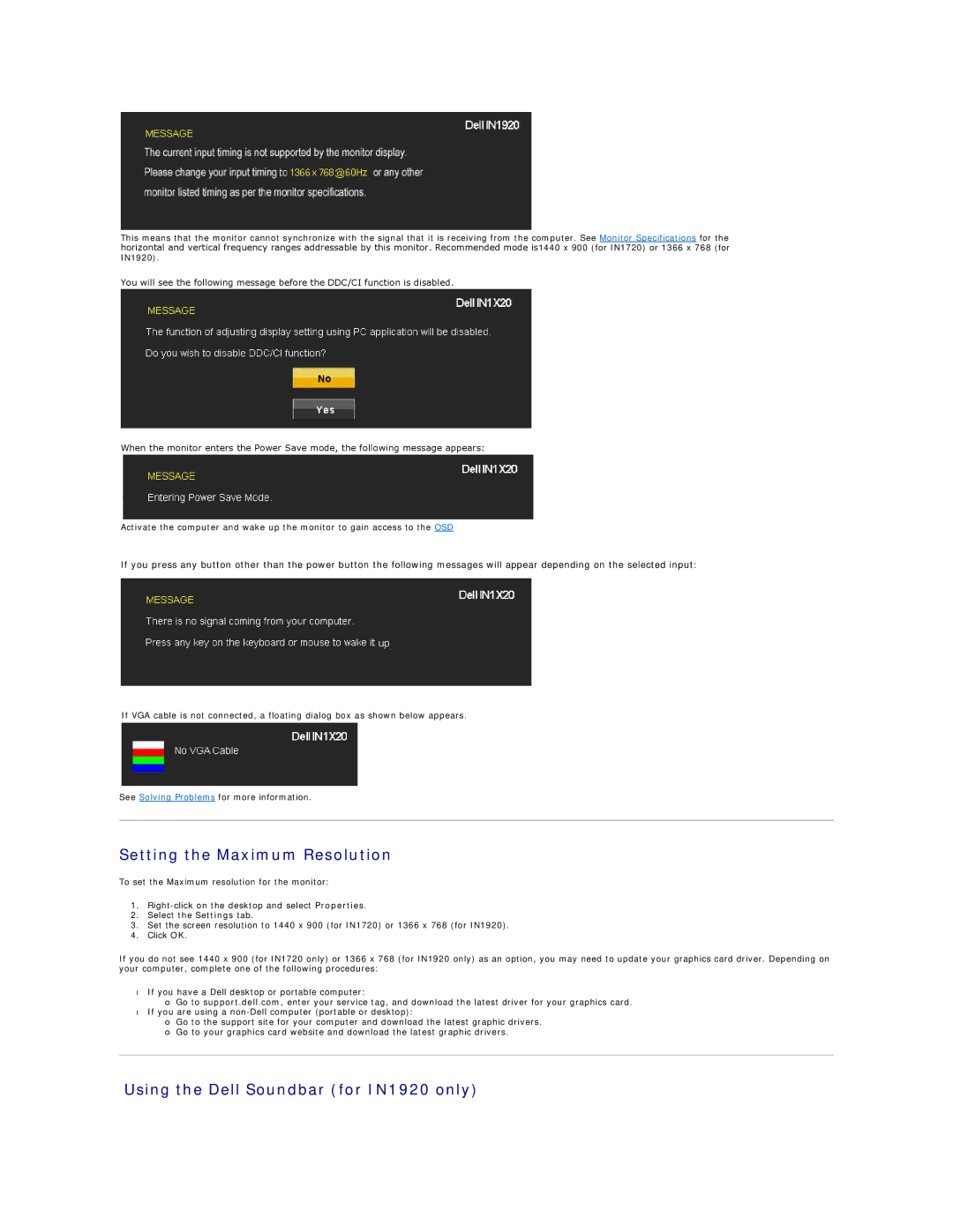 Dell IN1920B, IN1920F appendix Setting the Maximum Resolution, Using the Dell Soundbar for IN1920 only 
