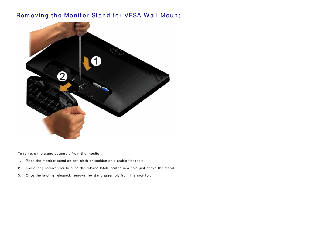 Dell IN1940MW manual Removing the Monitor Stand for Vesa Wall Mount 