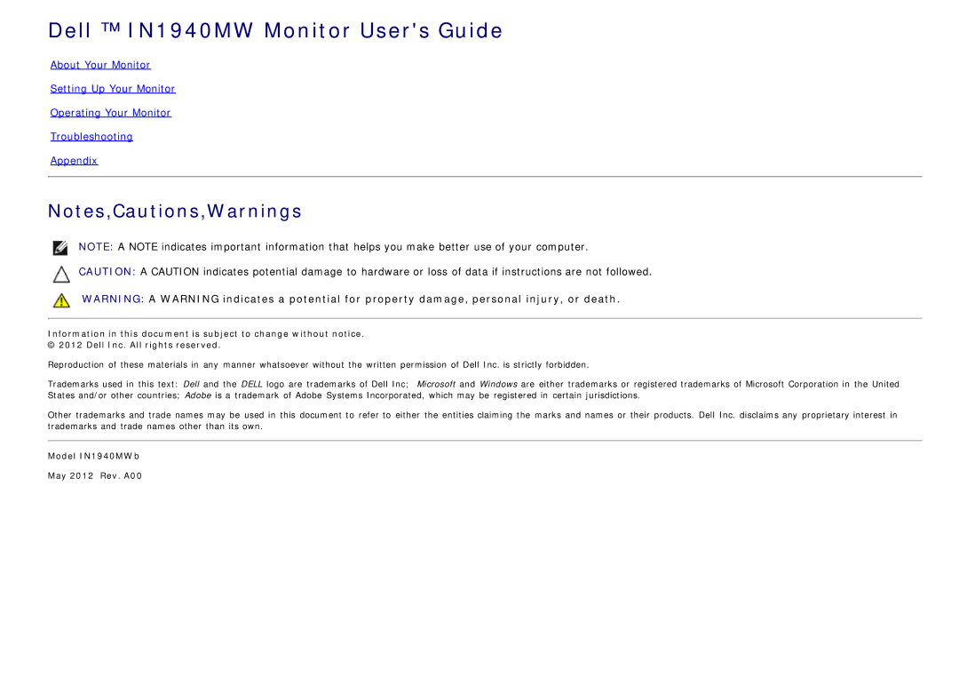 Dell manual Dell IN1940MW Monitor Users Guide 