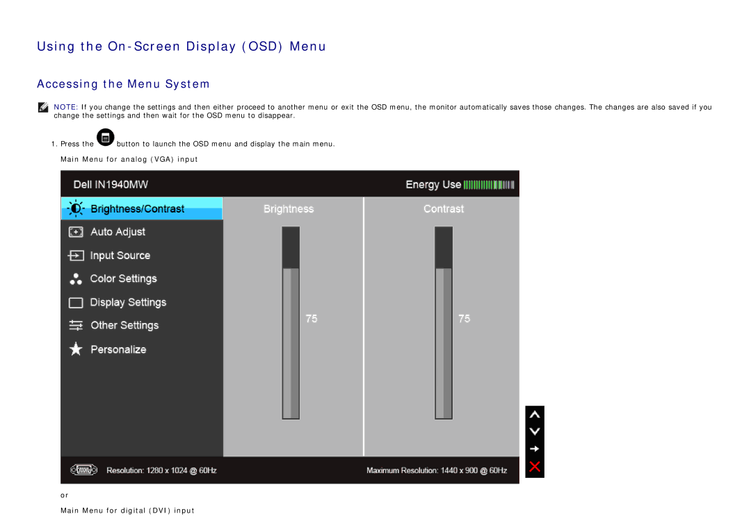 Dell IN1940MW manual Using the On-Screen Display OSD Menu, Accessing the Menu System 