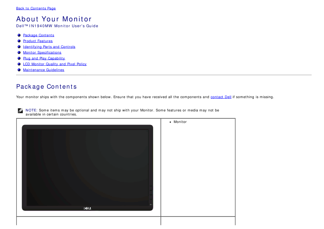 Dell IN1940MW manual About Your Monitor 