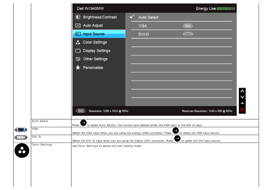 Dell IN1940MW manual Auto Select, Color Settings 