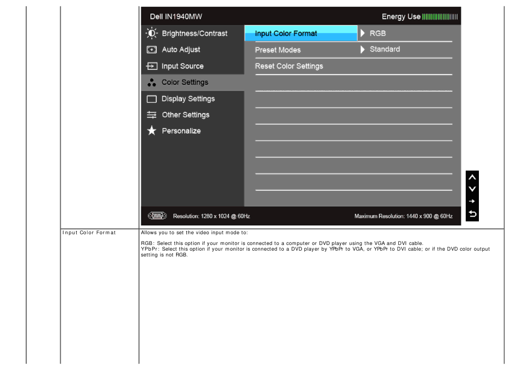 Dell IN1940MW manual Input Color Format 