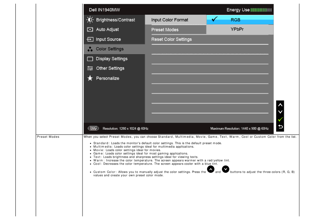 Dell IN1940MW manual Preset Modes 