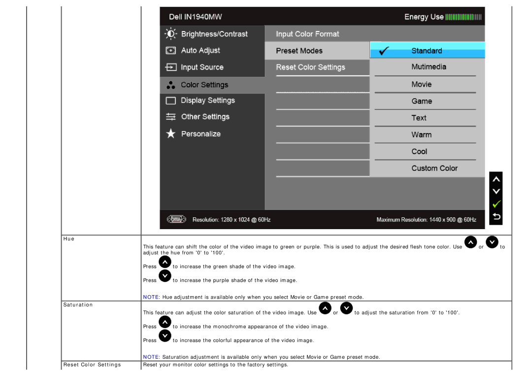 Dell IN1940MW manual Hue, Saturation 