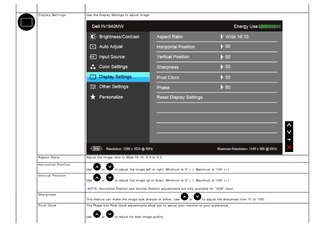 Dell IN1940MW manual Display Settings, Aspect Ratio, Horizontal Position, Vertical Position, Sharpness, Pixel Clock 